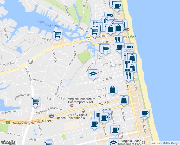 map of restaurants, bars, coffee shops, grocery stores, and more near 603 26th Street in Virginia Beach