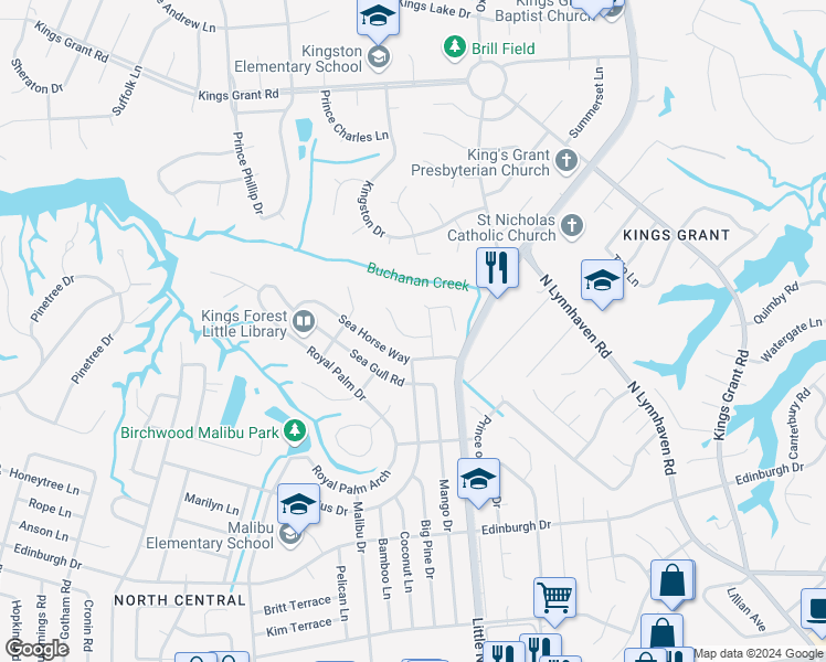 map of restaurants, bars, coffee shops, grocery stores, and more near 3504 West Coral Key in Virginia Beach