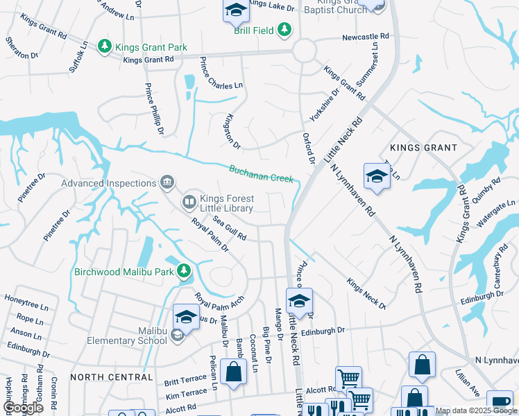 map of restaurants, bars, coffee shops, grocery stores, and more near 3504 West Coral Key in Virginia Beach