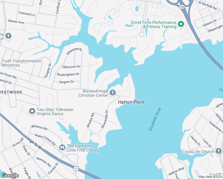 map of restaurants, bars, coffee shops, grocery stores, and more near 4416 Point West Drive in Portsmouth