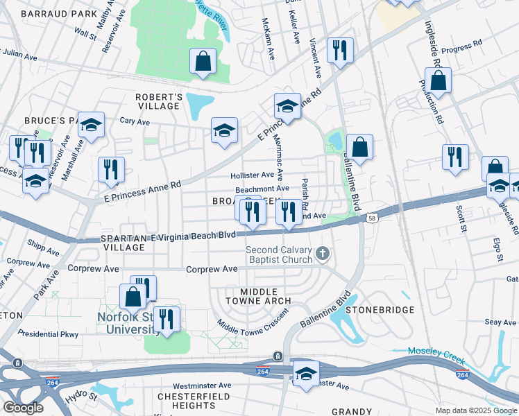 map of restaurants, bars, coffee shops, grocery stores, and more near 2819 Mapleton Avenue in Norfolk
