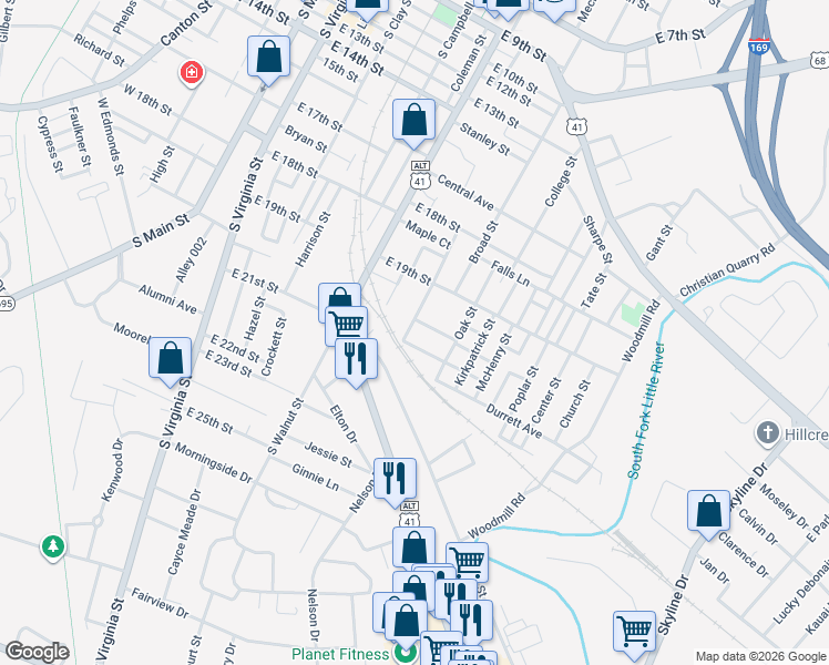 map of restaurants, bars, coffee shops, grocery stores, and more near 1926 Beach Street in Hopkinsville