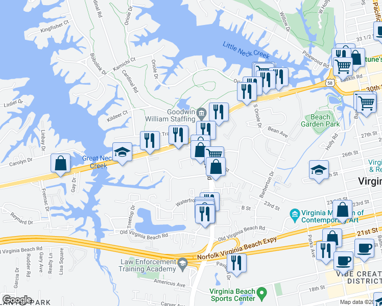 map of restaurants, bars, coffee shops, grocery stores, and more near 701 Fern Court in Virginia Beach