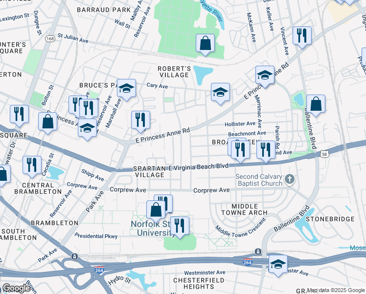 map of restaurants, bars, coffee shops, grocery stores, and more near 1030 Kenton Avenue in Norfolk