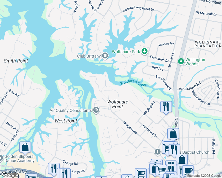 map of restaurants, bars, coffee shops, grocery stores, and more near 299 Windship Cove in Virginia Beach