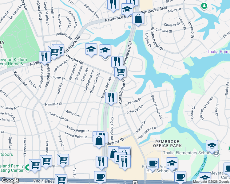 map of restaurants, bars, coffee shops, grocery stores, and more near 612 Independence Boulevard in Virginia Beach
