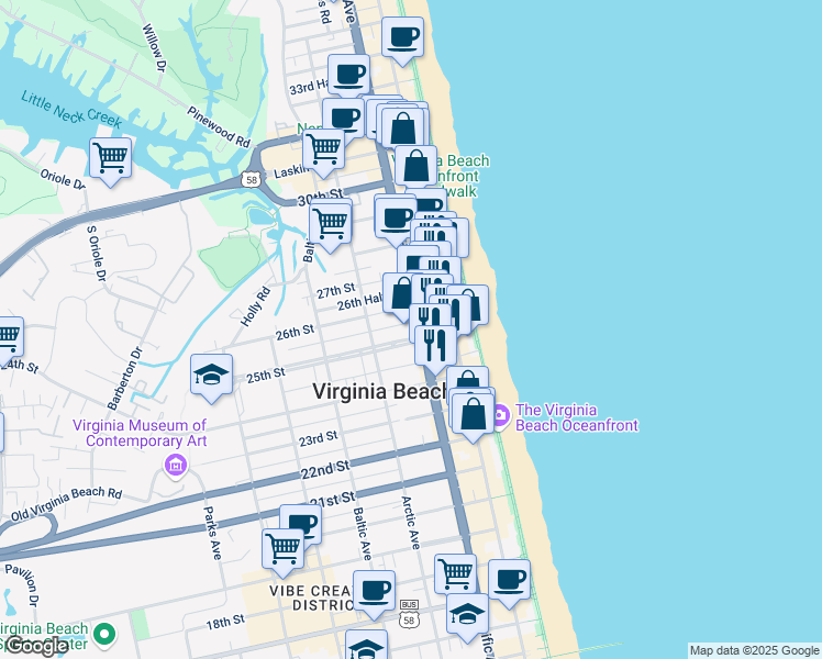 map of restaurants, bars, coffee shops, grocery stores, and more near 301 25th Street in Virginia Beach