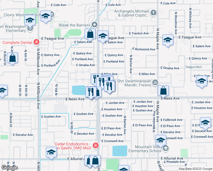 map of restaurants, bars, coffee shops, grocery stores, and more near 8076 North Cedar Avenue in Fresno