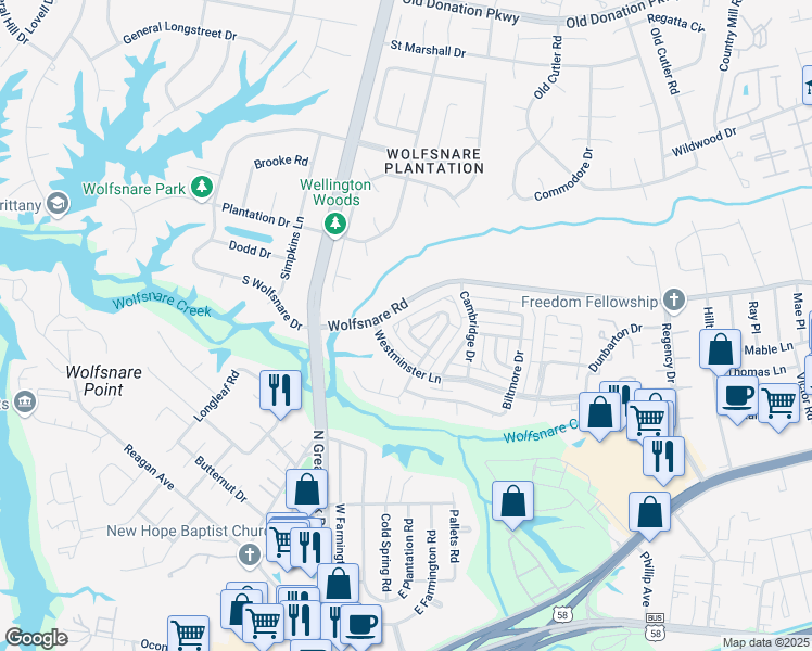 map of restaurants, bars, coffee shops, grocery stores, and more near 865 Windom Place in Virginia Beach