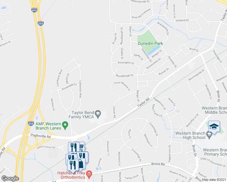 map of restaurants, bars, coffee shops, grocery stores, and more near 3551 Clover Meadow Drive in Chesapeake