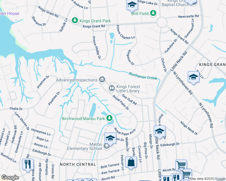 map of restaurants, bars, coffee shops, grocery stores, and more near 3613 Sea Gull Road in Virginia Beach