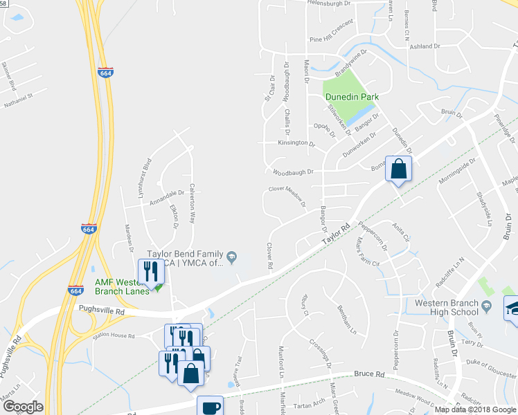 map of restaurants, bars, coffee shops, grocery stores, and more near 3544 Clover Meadows Road in Chesapeake
