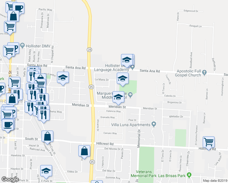 map of restaurants, bars, coffee shops, grocery stores, and more near 100 Koch Drive in Hollister