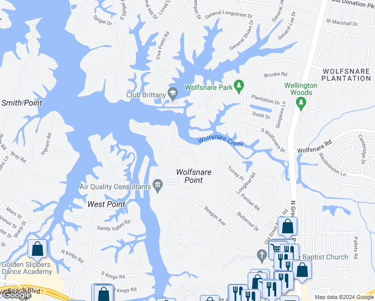 map of restaurants, bars, coffee shops, grocery stores, and more near 312 Windship Cove in Virginia Beach