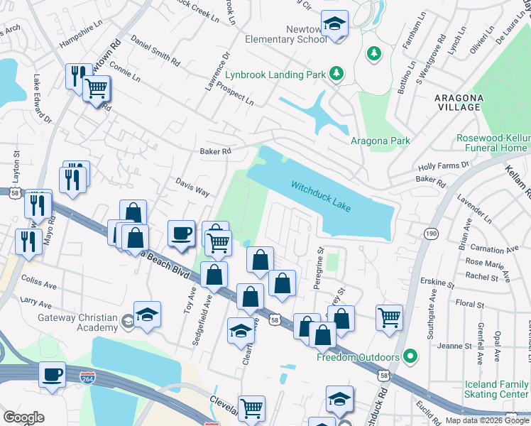 map of restaurants, bars, coffee shops, grocery stores, and more near 5375 Grand Lake Crescent in Virginia Beach