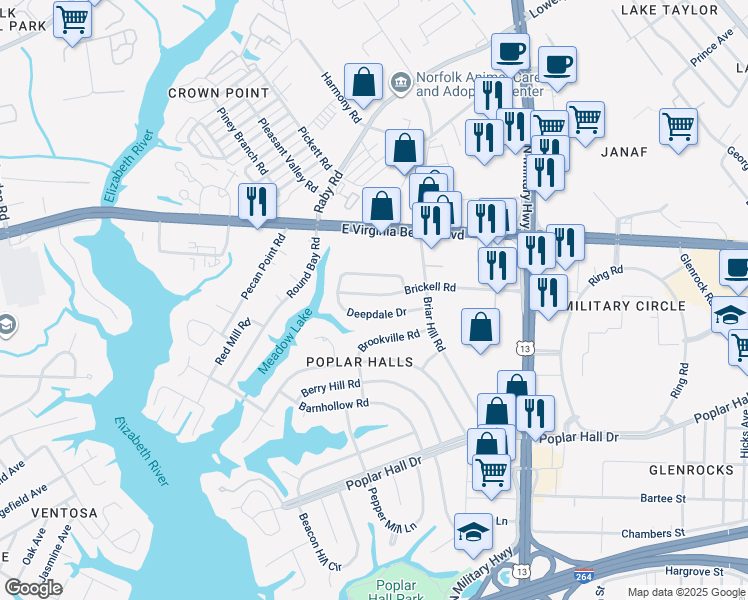 map of restaurants, bars, coffee shops, grocery stores, and more near 5533 Brickell Road in Norfolk