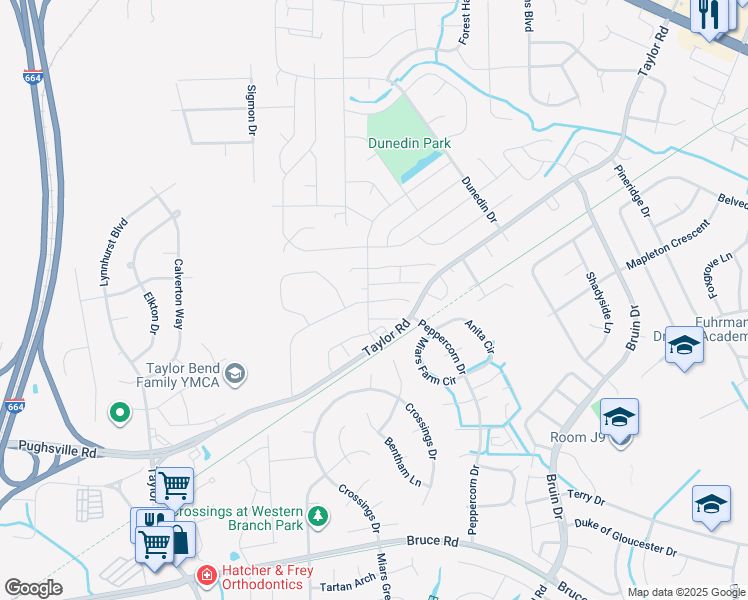map of restaurants, bars, coffee shops, grocery stores, and more near 3401 Bangor Court in Chesapeake