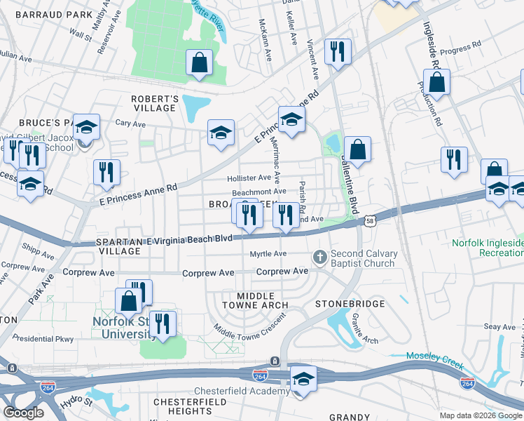 map of restaurants, bars, coffee shops, grocery stores, and more near 2829 Mapleton Avenue in Norfolk