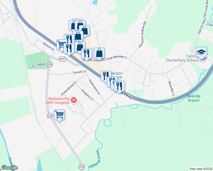 map of restaurants, bars, coffee shops, grocery stores, and more near 1200 Old US Highway 25E Loop Number 2 in Barbourville
