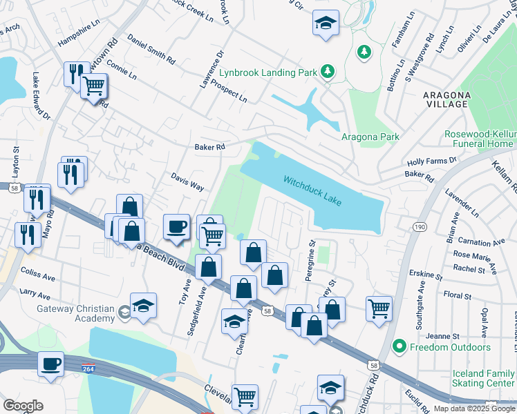map of restaurants, bars, coffee shops, grocery stores, and more near 5377 Grand Lake Crescent in Virginia Beach