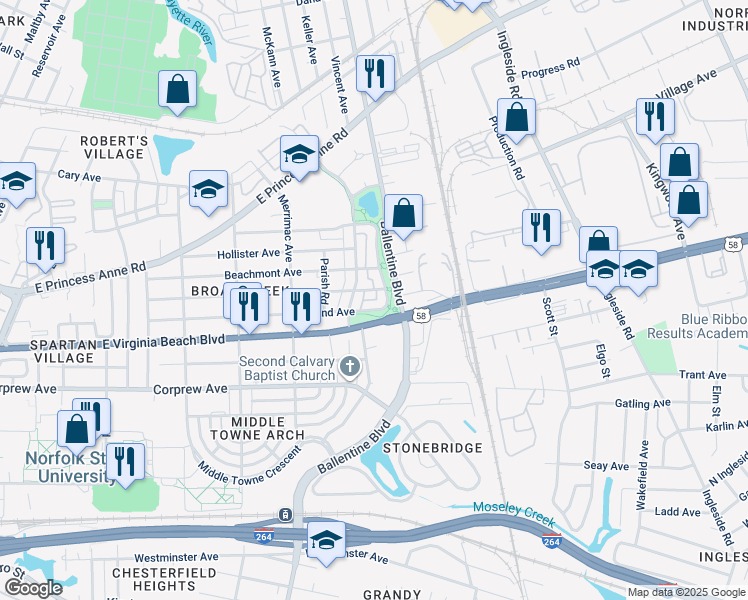 map of restaurants, bars, coffee shops, grocery stores, and more near 3032 Woodland Avenue in Norfolk