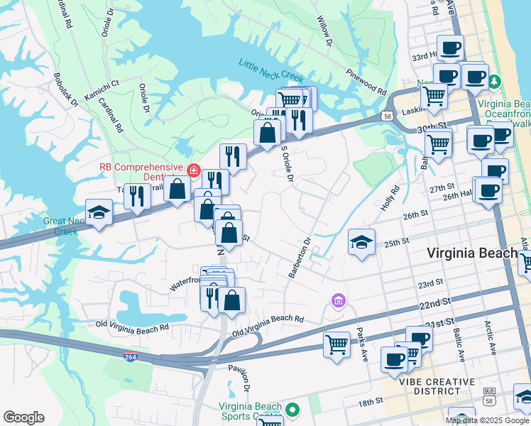 map of restaurants, bars, coffee shops, grocery stores, and more near 600 Piney Branch Drive in Virginia Beach