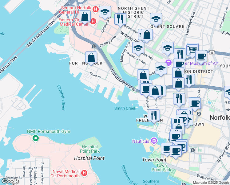 map of restaurants, bars, coffee shops, grocery stores, and more near 111 Rader Street in Norfolk