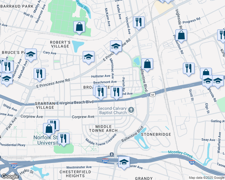 map of restaurants, bars, coffee shops, grocery stores, and more near 2907 Mapleton Avenue in Norfolk