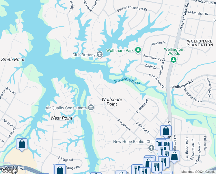map of restaurants, bars, coffee shops, grocery stores, and more near 314 Windship Cove in Virginia Beach