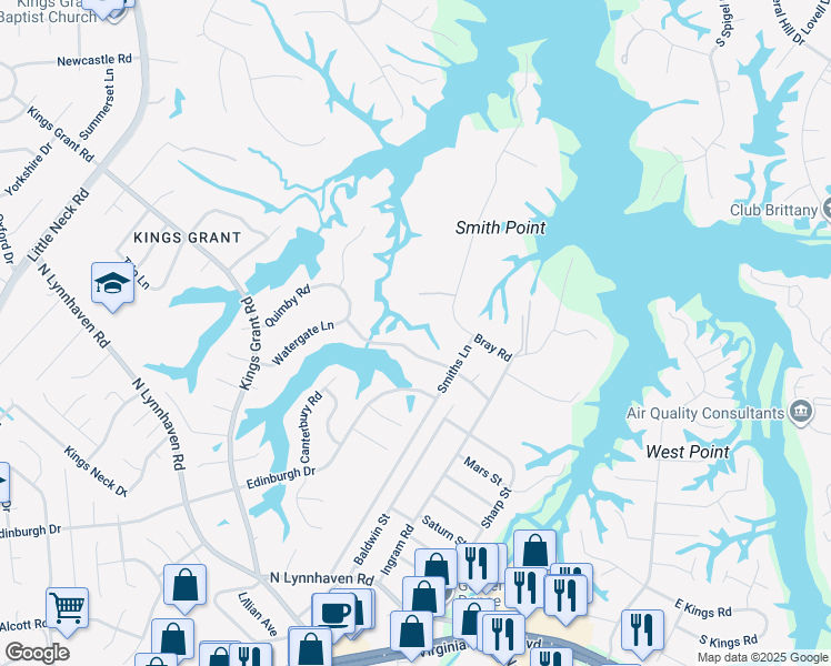 map of restaurants, bars, coffee shops, grocery stores, and more near 3020 Watergate Lane in Virginia Beach