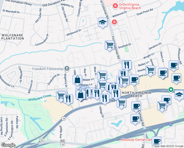 map of restaurants, bars, coffee shops, grocery stores, and more near 808 Benjamin Place in Virginia Beach