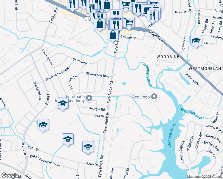 map of restaurants, bars, coffee shops, grocery stores, and more near 3209 Tyre Neck Road in Chesapeake