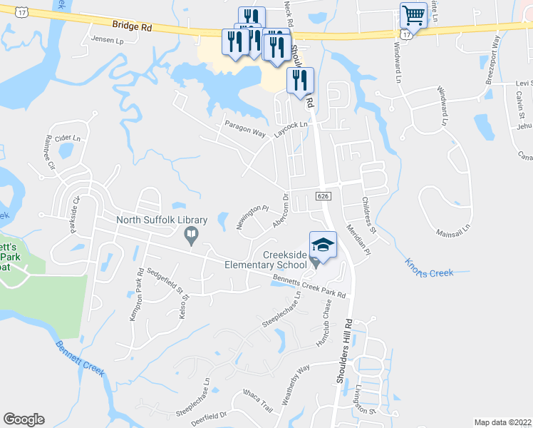 map of restaurants, bars, coffee shops, grocery stores, and more near 6075 Newington Place in Suffolk
