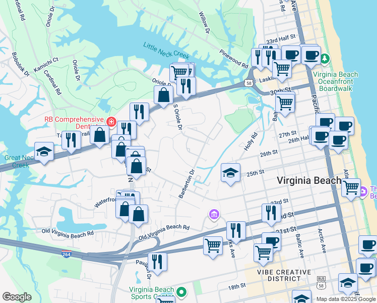 map of restaurants, bars, coffee shops, grocery stores, and more near 940 Oakland Avenue in Virginia Beach
