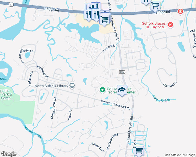 map of restaurants, bars, coffee shops, grocery stores, and more near 5007 Breleigh Lane in Suffolk