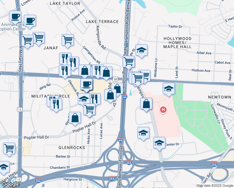map of restaurants, bars, coffee shops, grocery stores, and more near 836 Poplar Hall Drive in Norfolk