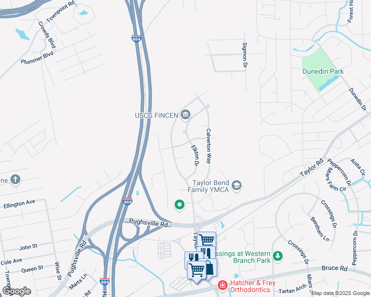map of restaurants, bars, coffee shops, grocery stores, and more near 3531 Annandale Drive in Chesapeake