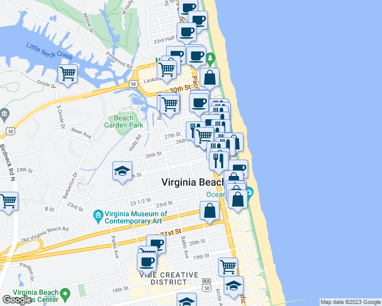 map of restaurants, bars, coffee shops, grocery stores, and more near 2507 Arctic Avenue in Virginia Beach