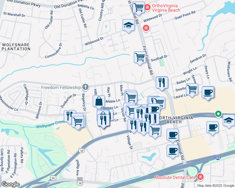 map of restaurants, bars, coffee shops, grocery stores, and more near 808 Benjamin Place in Virginia Beach
