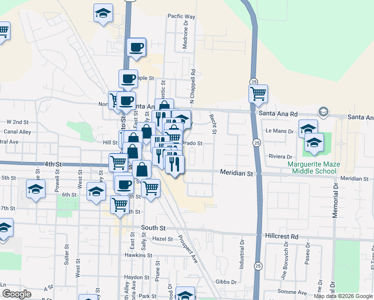 map of restaurants, bars, coffee shops, grocery stores, and more near 210 Holland Circle in Hollister