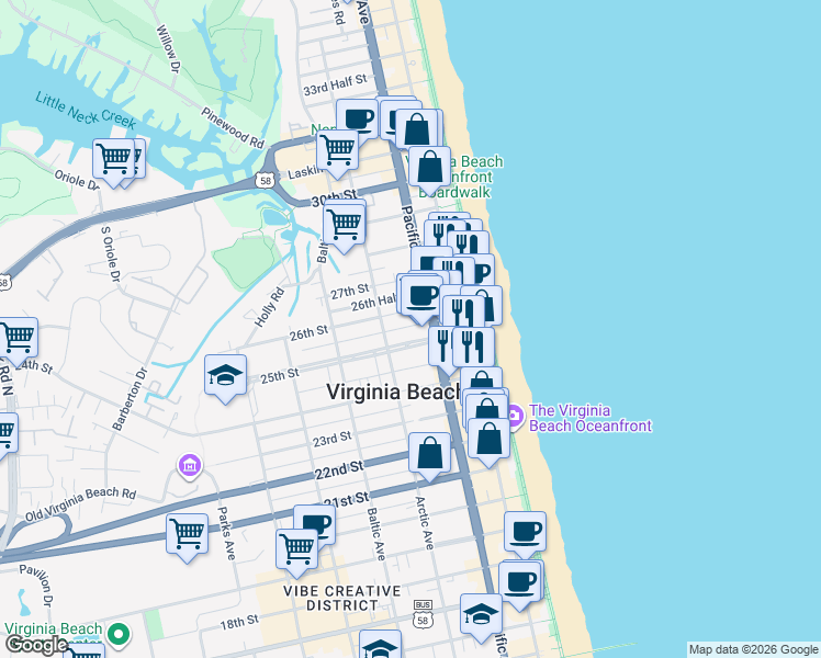 map of restaurants, bars, coffee shops, grocery stores, and more near 210 25th Street in Virginia Beach
