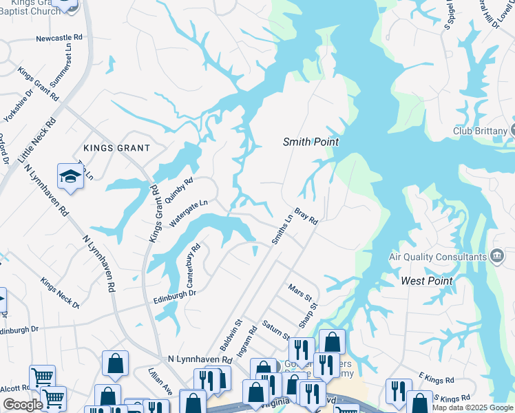 map of restaurants, bars, coffee shops, grocery stores, and more near 3020 Watergate Lane in Virginia Beach