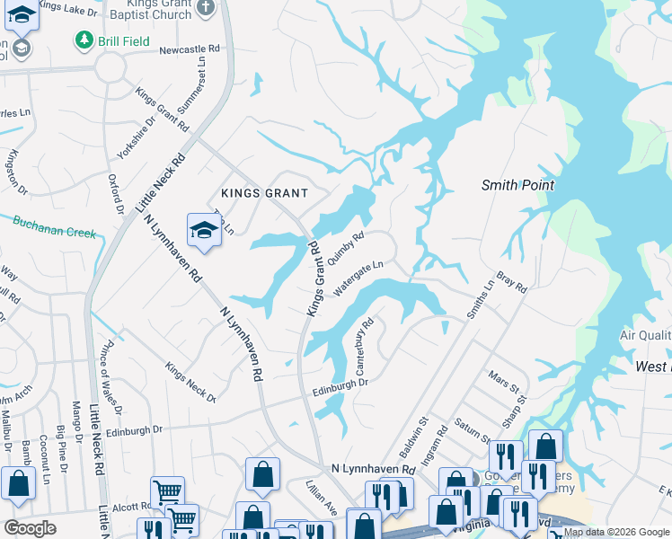 map of restaurants, bars, coffee shops, grocery stores, and more near 3120 Watergate Lane in Virginia Beach