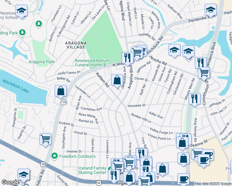 map of restaurants, bars, coffee shops, grocery stores, and more near 608 Jacqueline Avenue in Virginia Beach