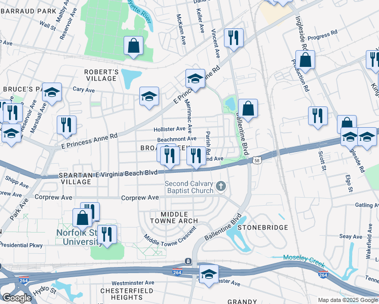 map of restaurants, bars, coffee shops, grocery stores, and more near 2907 Mapleton Avenue in Norfolk