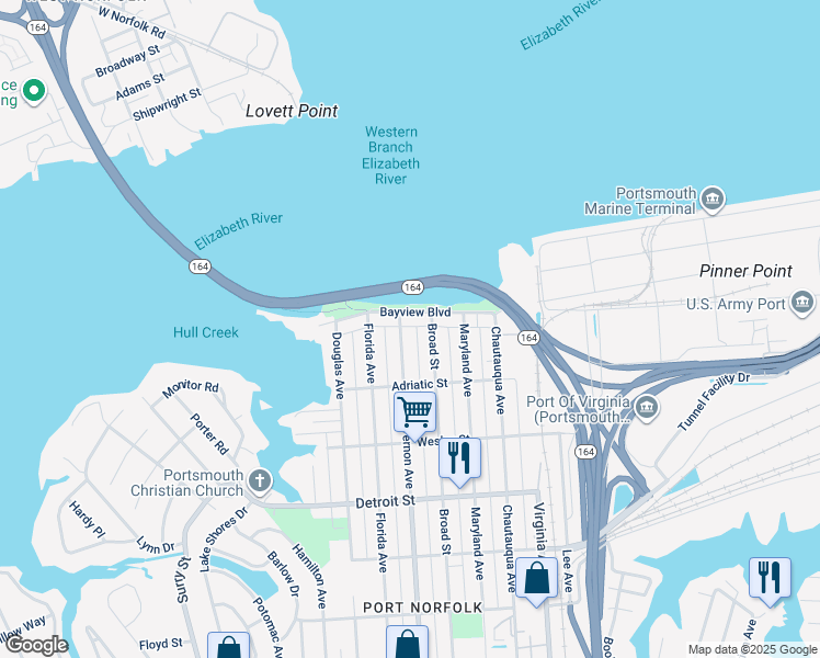 map of restaurants, bars, coffee shops, grocery stores, and more near 105 Mount Vernon Avenue in Portsmouth