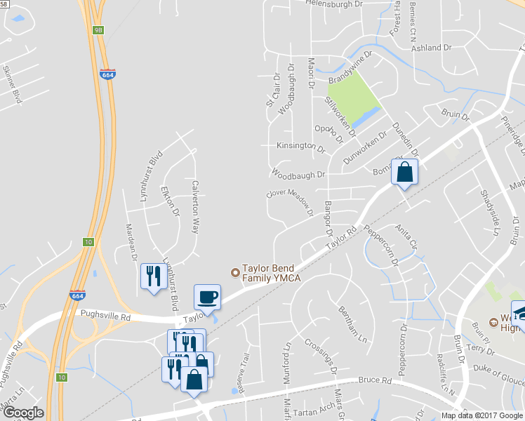 map of restaurants, bars, coffee shops, grocery stores, and more near 3548 Clover Meadow Drive in Chesapeake