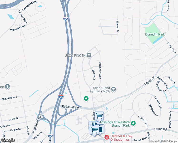 map of restaurants, bars, coffee shops, grocery stores, and more near 3531 Annandale Drive in Chesapeake