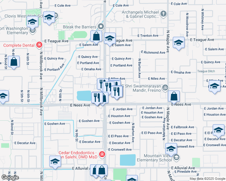 map of restaurants, bars, coffee shops, grocery stores, and more near 8076 North Cedar Avenue in Fresno