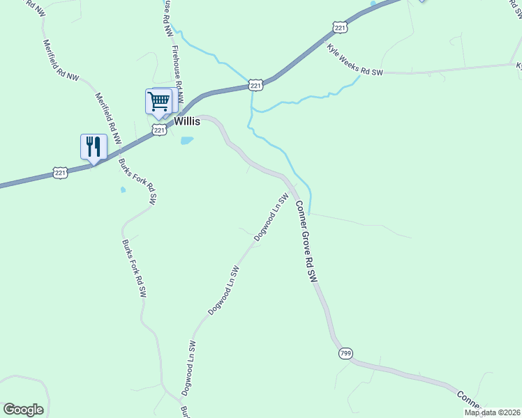 map of restaurants, bars, coffee shops, grocery stores, and more near 160 Dogwood Lane Southwest in Willis